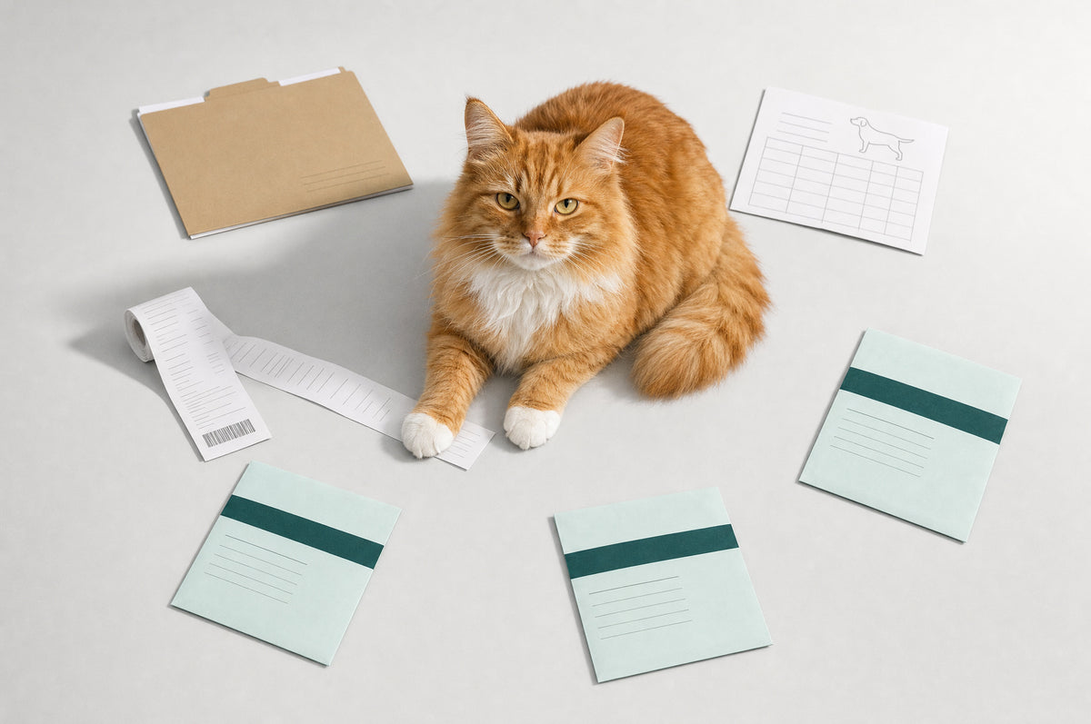 Orange long-haired cat lying in a ring of product paperwork, a folder, a size guide, a receipt and three sea green information packets, looking up into the camera