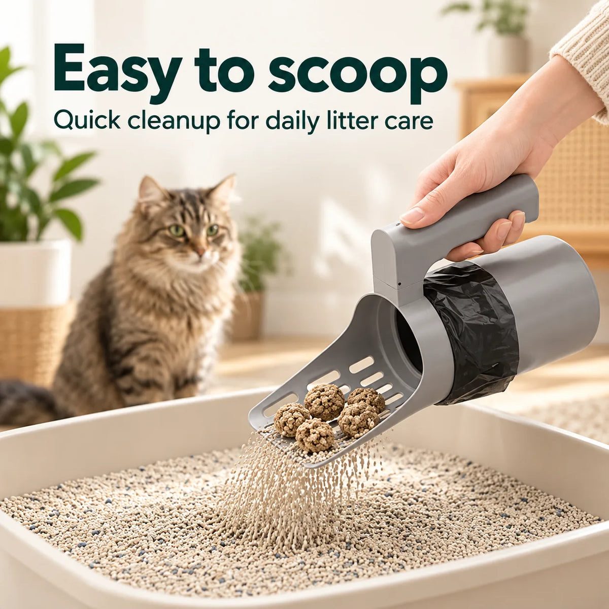 Grey litter scoop with built-in bag holder lifting clumps from a litter box, cat watching