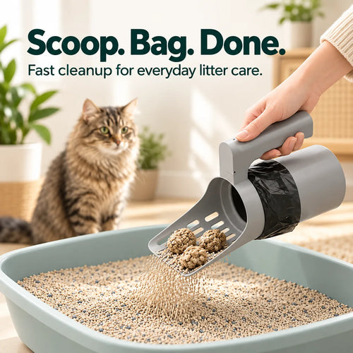 Litter scoop lifting clumps over a blue litter box