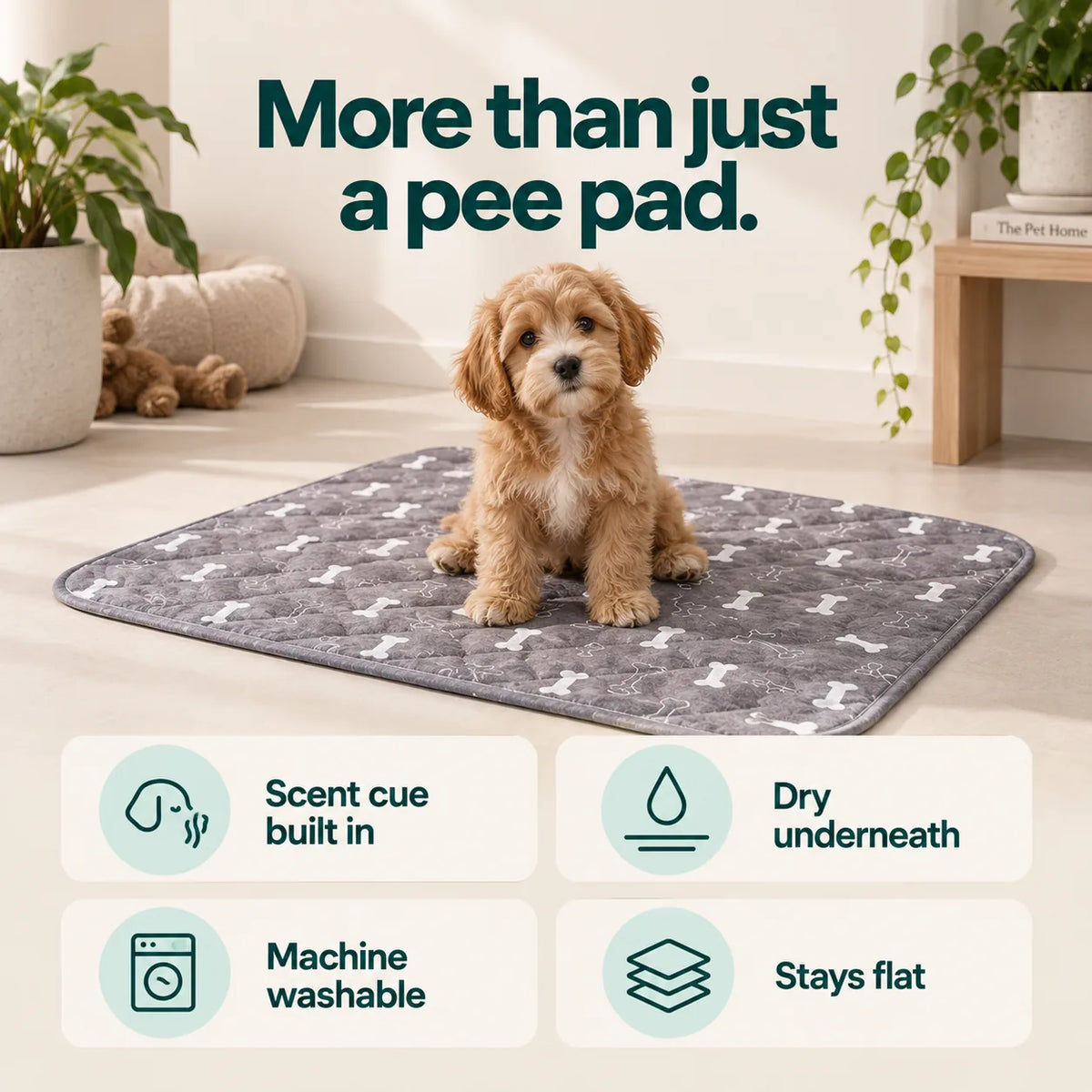 Scent cue, dry underneath, machine washable, stays flat