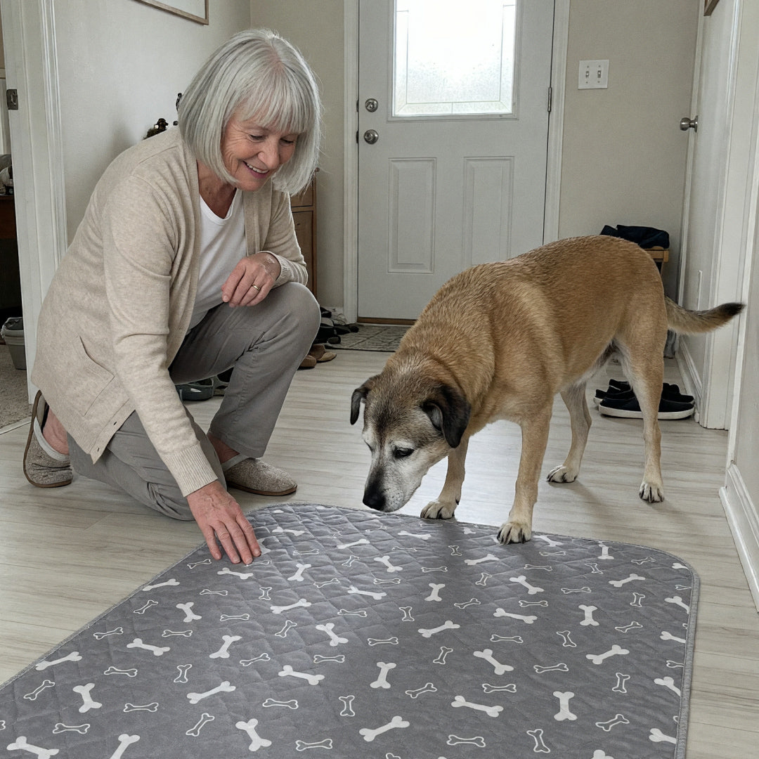 Older dog sniffing a washable pee pad laid by the back door