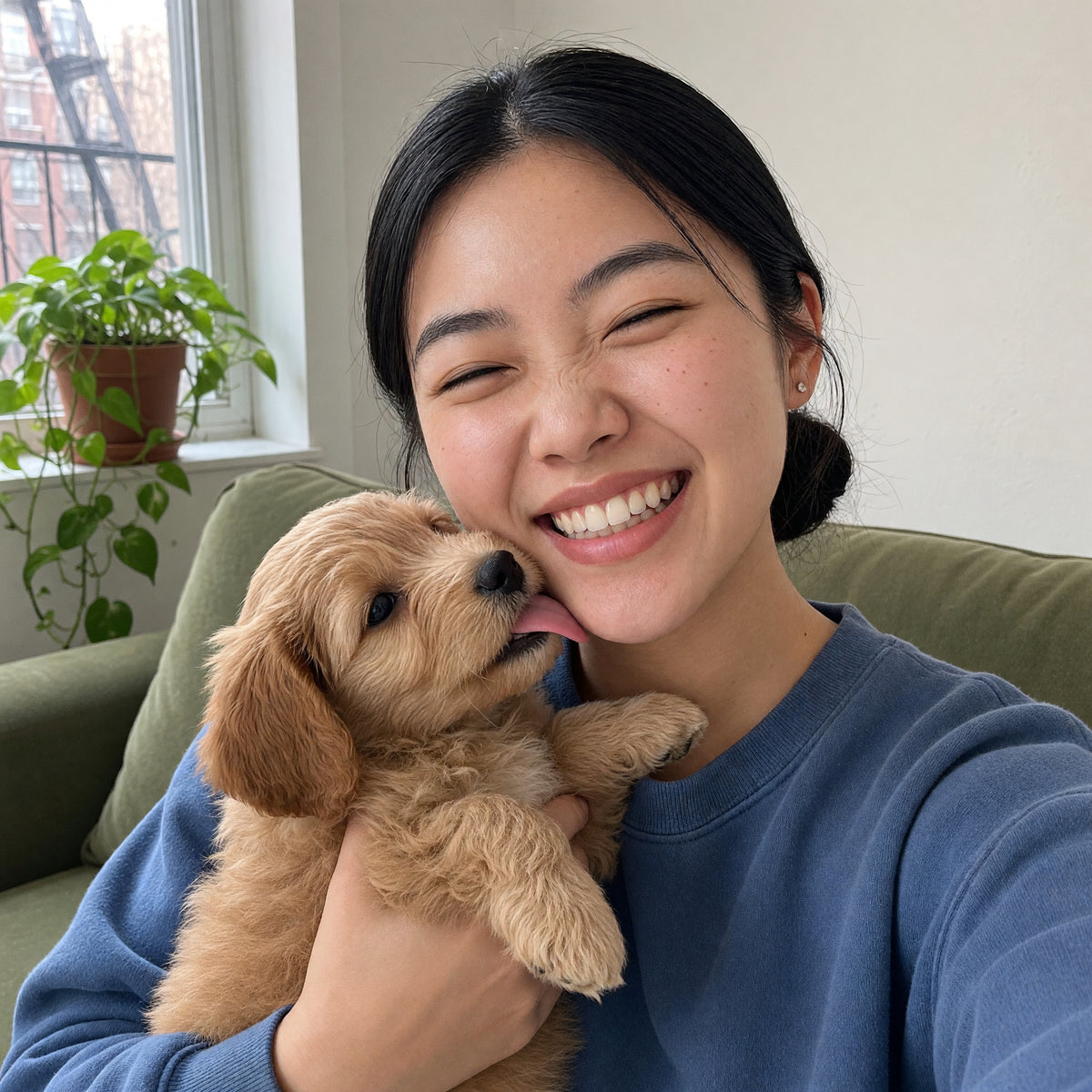 Young woman laughing while her apricot goldendoodle puppy licks her cheek, selfie on a green loveseat