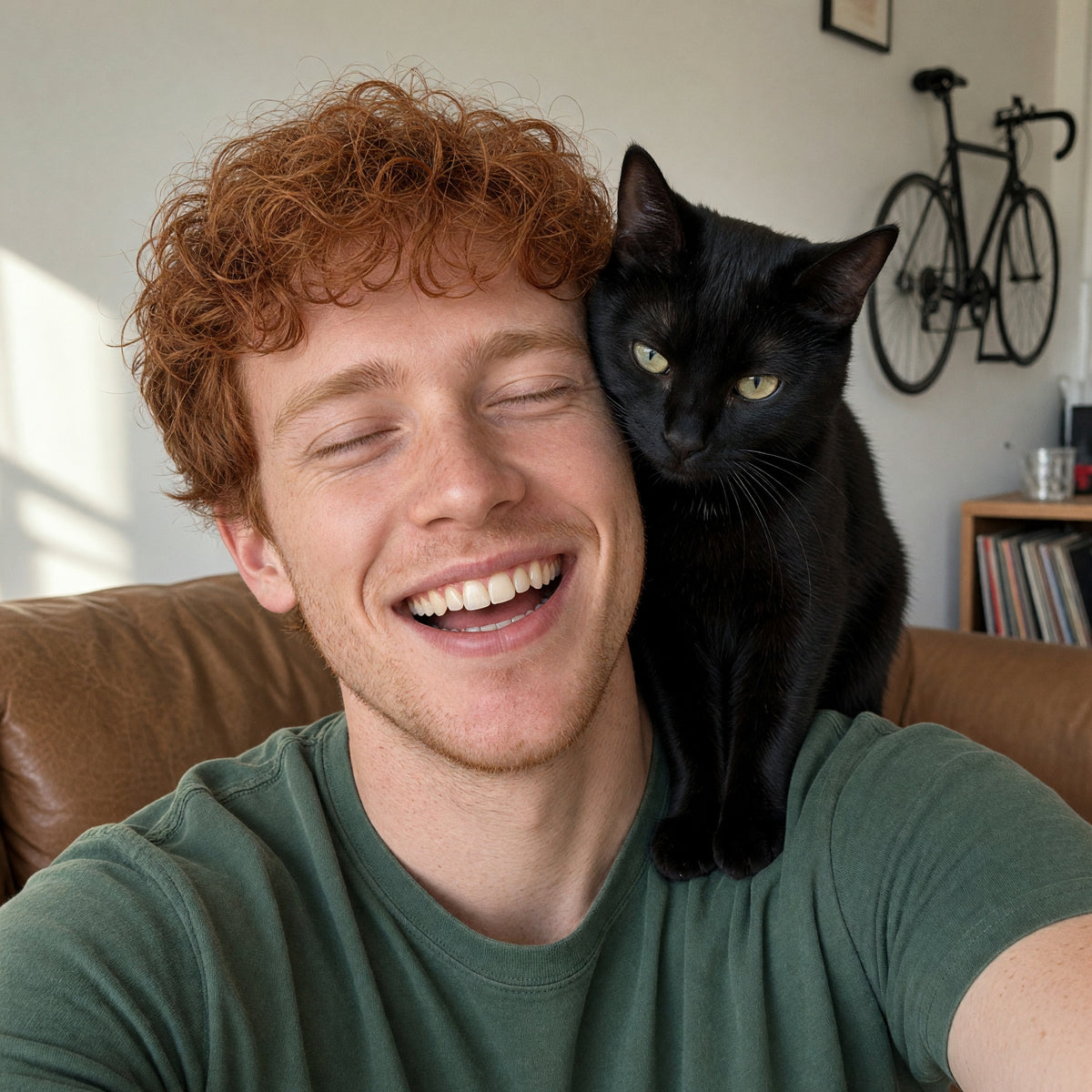 Young man with red curly hair laughing, eyes closed, a black cat on his shoulder pressing against his head