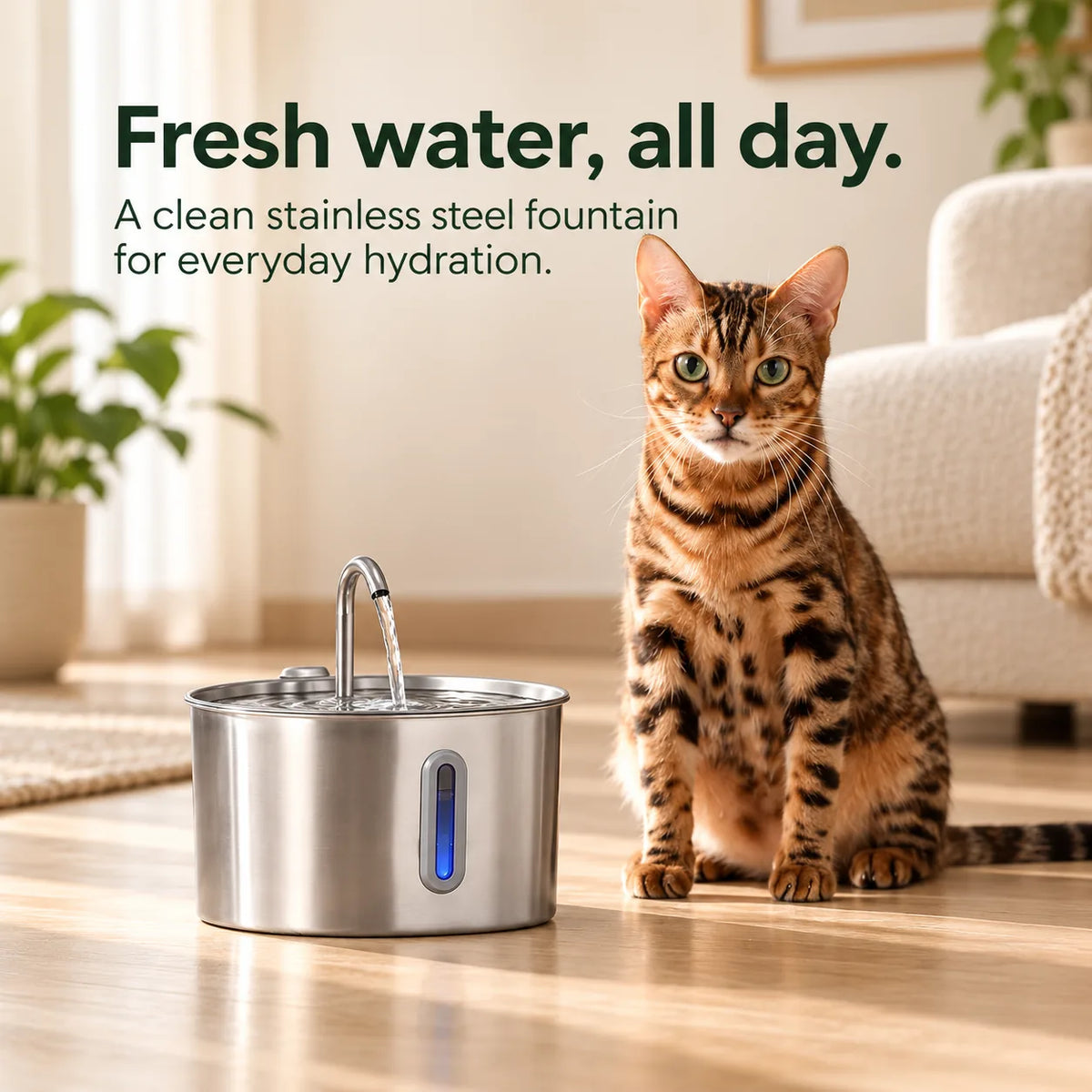 Stainless steel water fountain on the floor with a cat beside it
